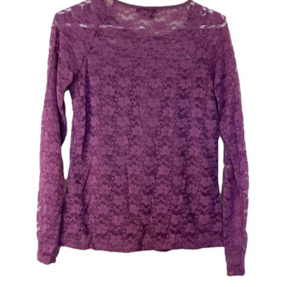 Simon Chang Long Sleeve Purple Floral Lace Sweetheart Neckline Top (Size Medium) - Picture 2 of 9